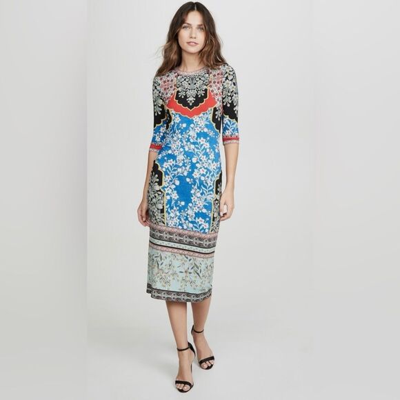 Alice + Olivia FLORAL CREWNECK MIDI DRESS size 2 Stretch Boho Feminine Vacation - Picture 14 of 16